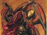 London National Gallery Next 20 01 Bartoleme Bermejo - Saint Michael Triumphant over the Devil with the Donor Antonio Juan Bartolem� Bermejo - St. Michael Triumphant over the Devil with the Donor Antonio Juan, 1468, 180 x 82 cm. This picture shows part of a story from the Bible, which describes how war broke out in heaven. St. Michael, captain of God�s army of angels, fought the rebel angels led by the Devil. St. Michael is painted as a soldier with a crown on his head, carrying a sword and shield, and wearing a shiny breastplate reflecting the imaginary towers of the City of Heaven. St. Michael holds his sword ready to cut off the Devil�s head and points his crystal shield down towards him. The Devil is shying away in terror at the reflection of his own horrible reflection of his own horrible face. Flat on the ground like a snake, the Devil�s body is part snake, part bird and part dragon. He has a second mouth coming out of his stomach with two sets of hard red jewel-like eyes and a snake slithering out below Michael�s feet. His torso is metallic, as if made of armour. His arms, too, combine reptile scales with metal armour, and he has toothed mouths for elbows, so he is apparently eating his own body, consuming himself.
